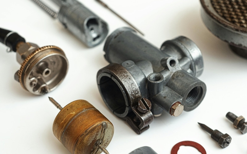 Gearbox taken apart and laid out on a white background.