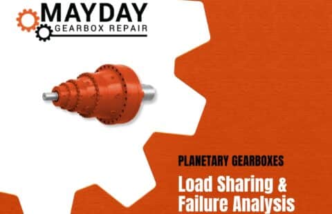 Mayday Gearbox Repair logo, image of an orange planetary gearbox, and text reading Planetary Gearboxes: Load Sharing & Failure Analysis on an orange, gear-shaped background.