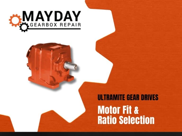 An orange gearbox is shown next to the Mayday Gearbox Repair logo, with the text Ultramite Gear Drives Motor Fit & Ratio Selection on an orange and white background.