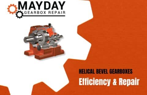 An orange and metallic gearbox illustration next to the Mayday Gearbox Repair logo, with text: HELICAL BEVEL GEARBOXES Efficiency & Repair on an orange and black background with a gear design.