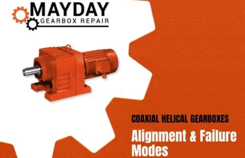 Orange coaxial helical gearbox with MAYDAY Gearbox Repair logo and text Coaxial Helical Gearboxes: Alignment & Failure Modes on an orange and black background.