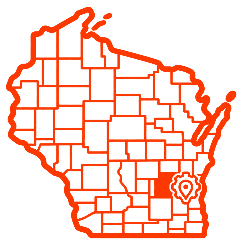 Outline map of Wisconsin with counties marked; a map pin and gear icon highlight a location in the southeastern region of the state, indicating where to contact Mayday Gearbox for more information or service.