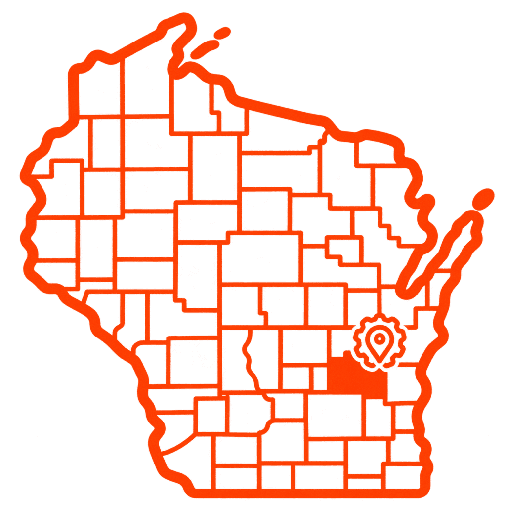 Outline map of Wisconsin with counties shown; an orange map pin highlights a location in the southeastern part of the state—contact Mayday Gearbox for more information.