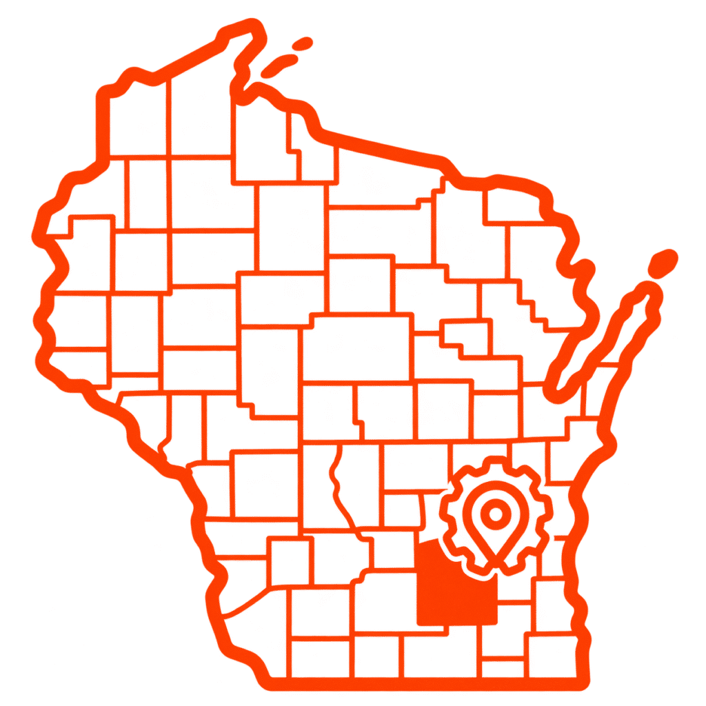 Outline map of Wisconsin’s counties with a gear and location pin icon highlighting a county in the southeastern part of the state—perfect for those looking to contact Mayday Gearbox for local services or support.