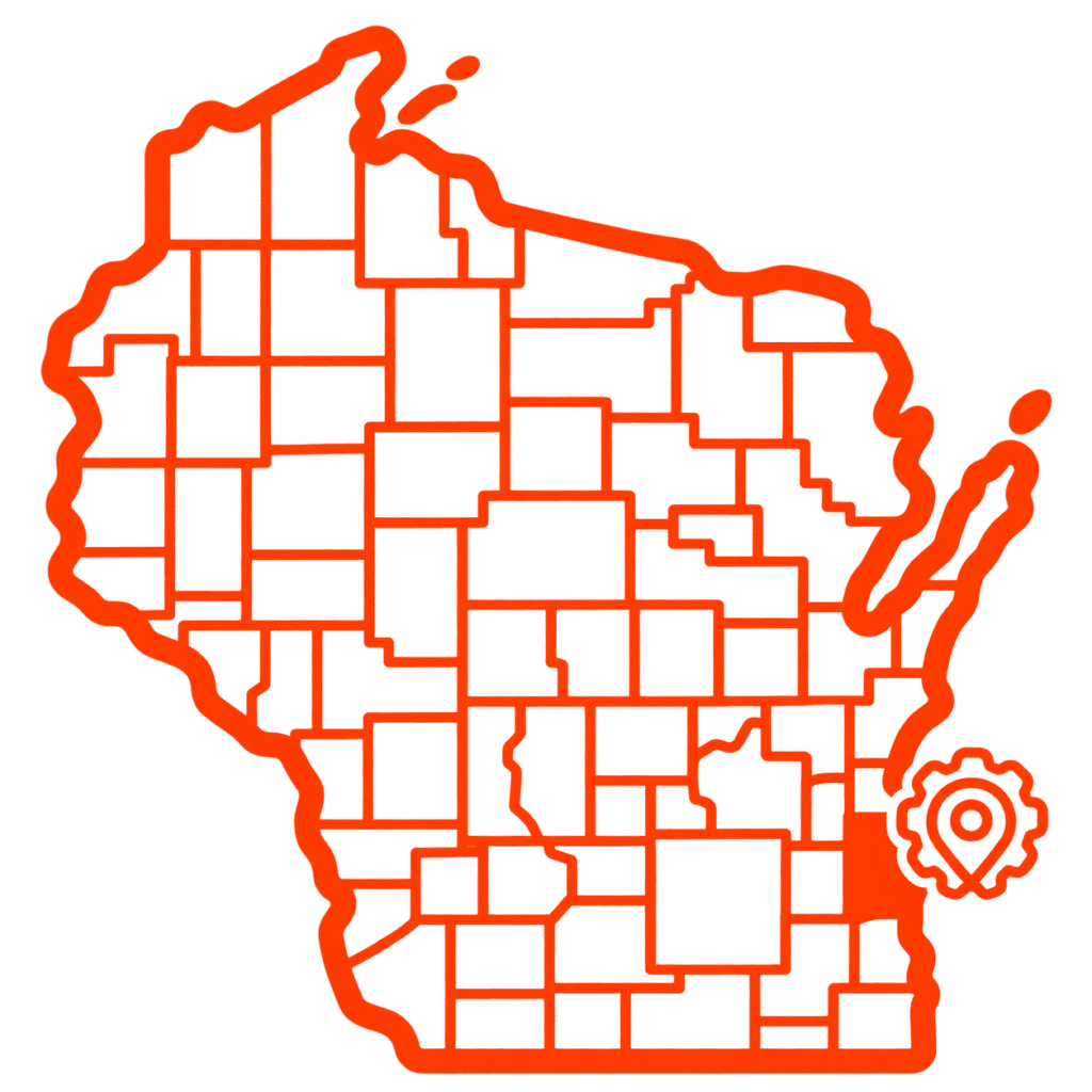 Outline map of Wisconsin’s counties in orange with a location pin symbol near the southeast region, indicating a specific area of interest—contact Mayday Gearbox for more information.