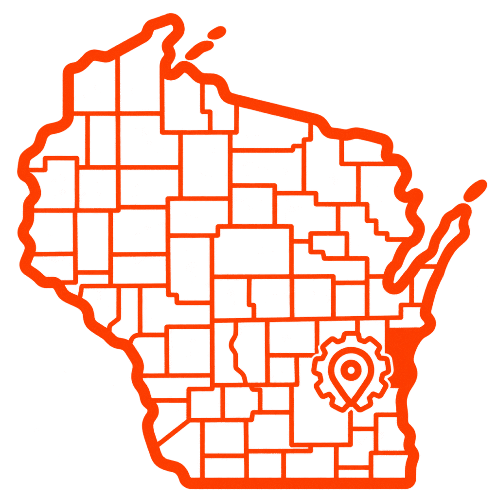 Outline map of Wisconsin with county borders. In the southeastern part, there is a gear icon combined with a location pin, indicating a specific area of interest or industry focus—ideal for those looking to contact Mayday Gearbox regarding regional services or inquiries.