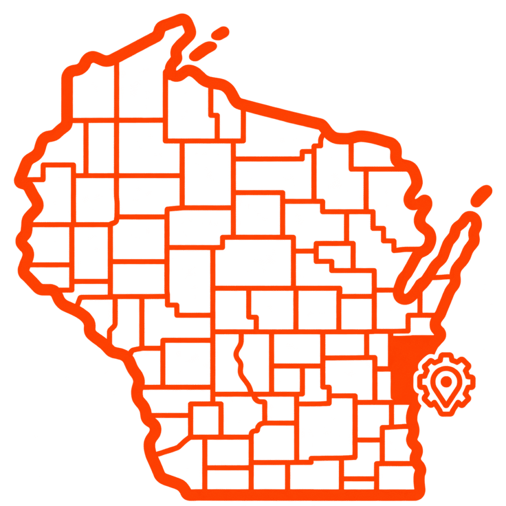 Outline map of Wisconsin’s counties in orange, featuring a gear and location marker symbol in the southeastern part of the state—perfect for anyone looking to contact Mayday Gearbox or highlight important regional connections.