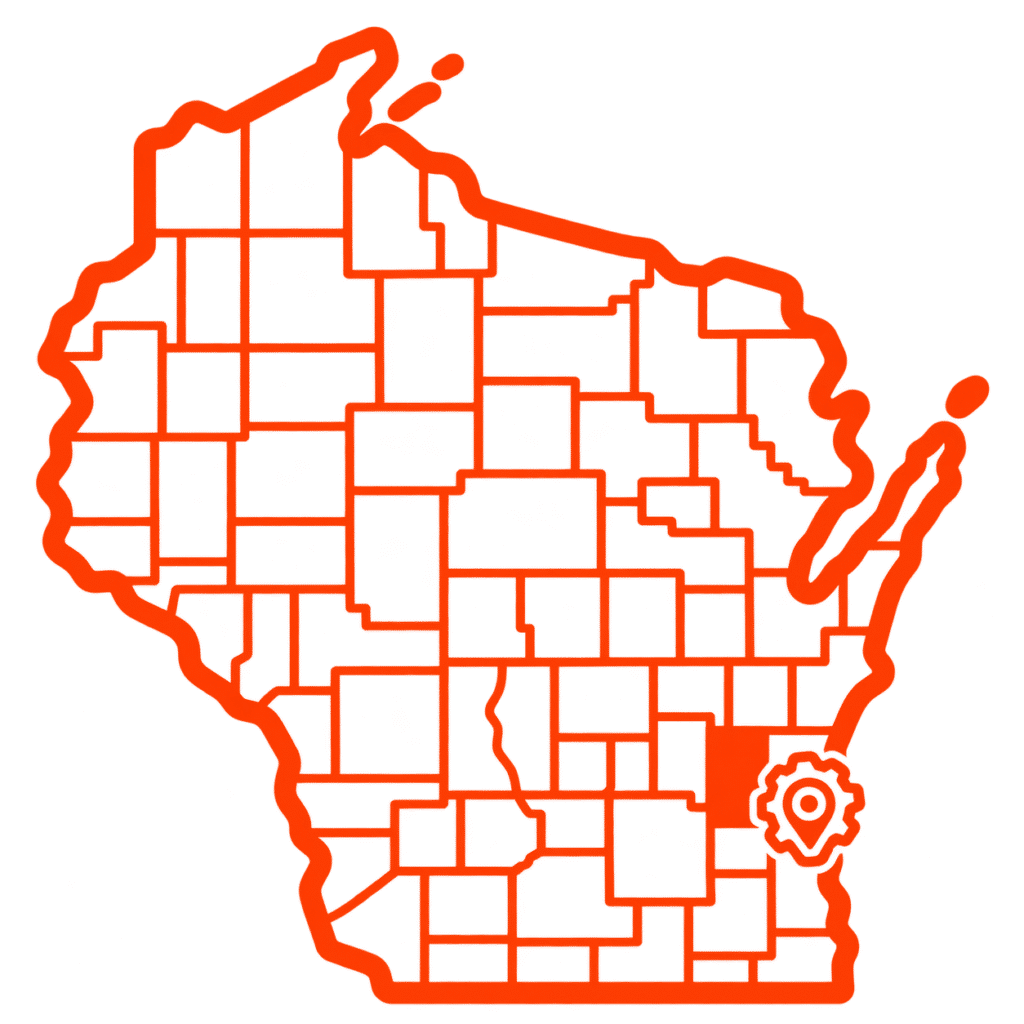 Outline map of Wisconsin’s counties with one southeastern county highlighted using a gear and map pin symbol over it—perfect for customers looking to contact Mayday Gearbox in that area.