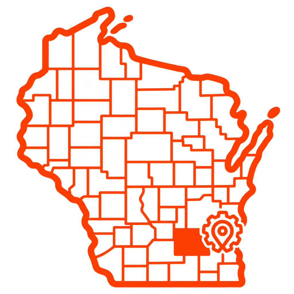 Outline map of Wisconsin with county divisions. A gear and location pin icon marks a southeastern county, likely indicating Milwaukee or its surrounding area—perfect for those looking to contact Mayday Gearbox for services or support in this region.
